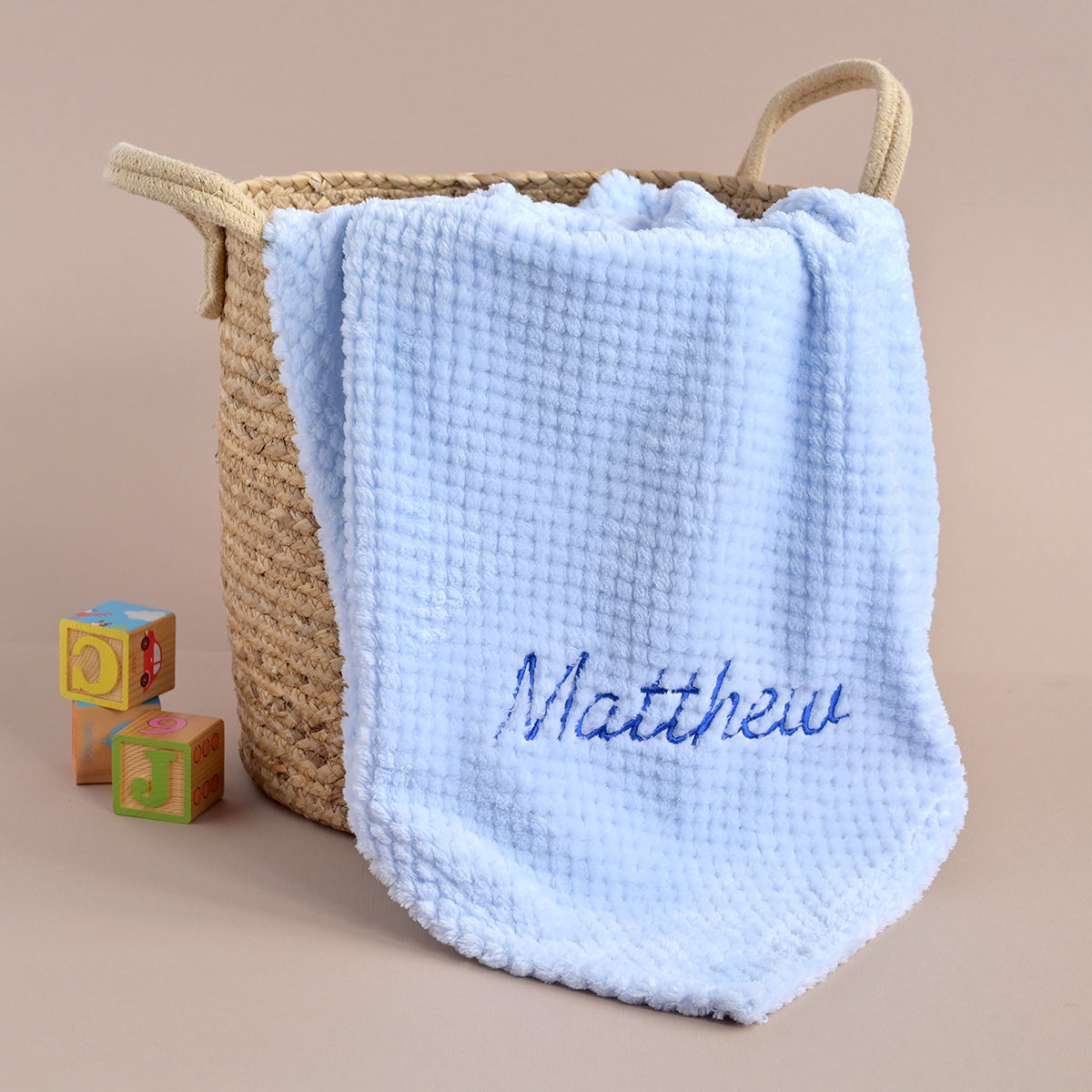 personalised blue embroidered honeycomb baby blanket