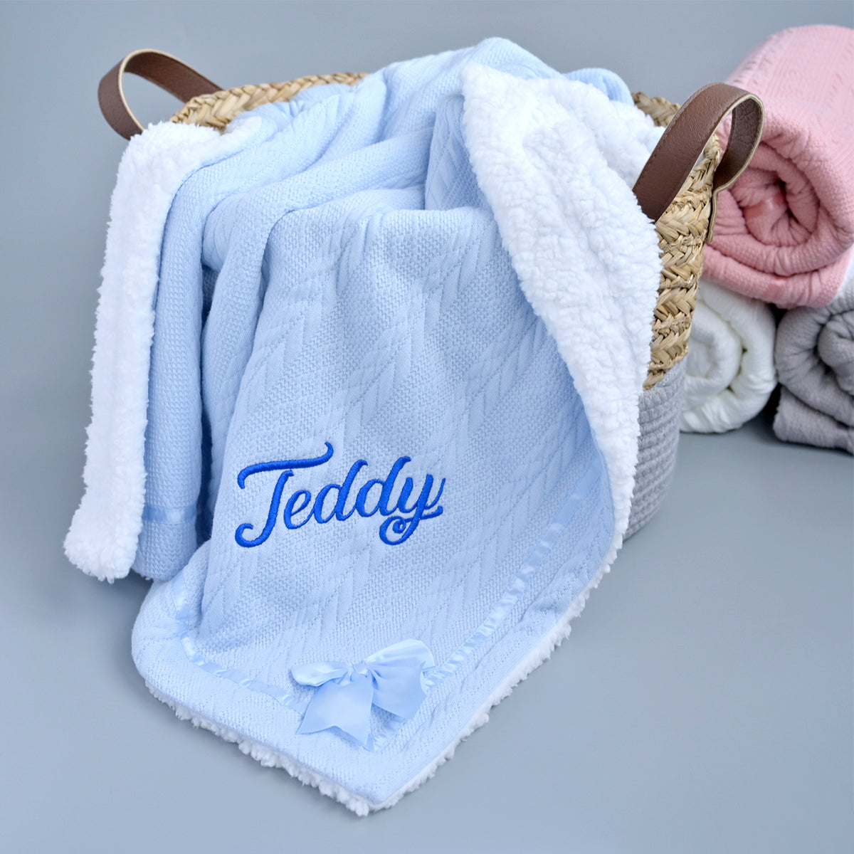 Embroidered Blue Knitted Blanket for Baby With Bow