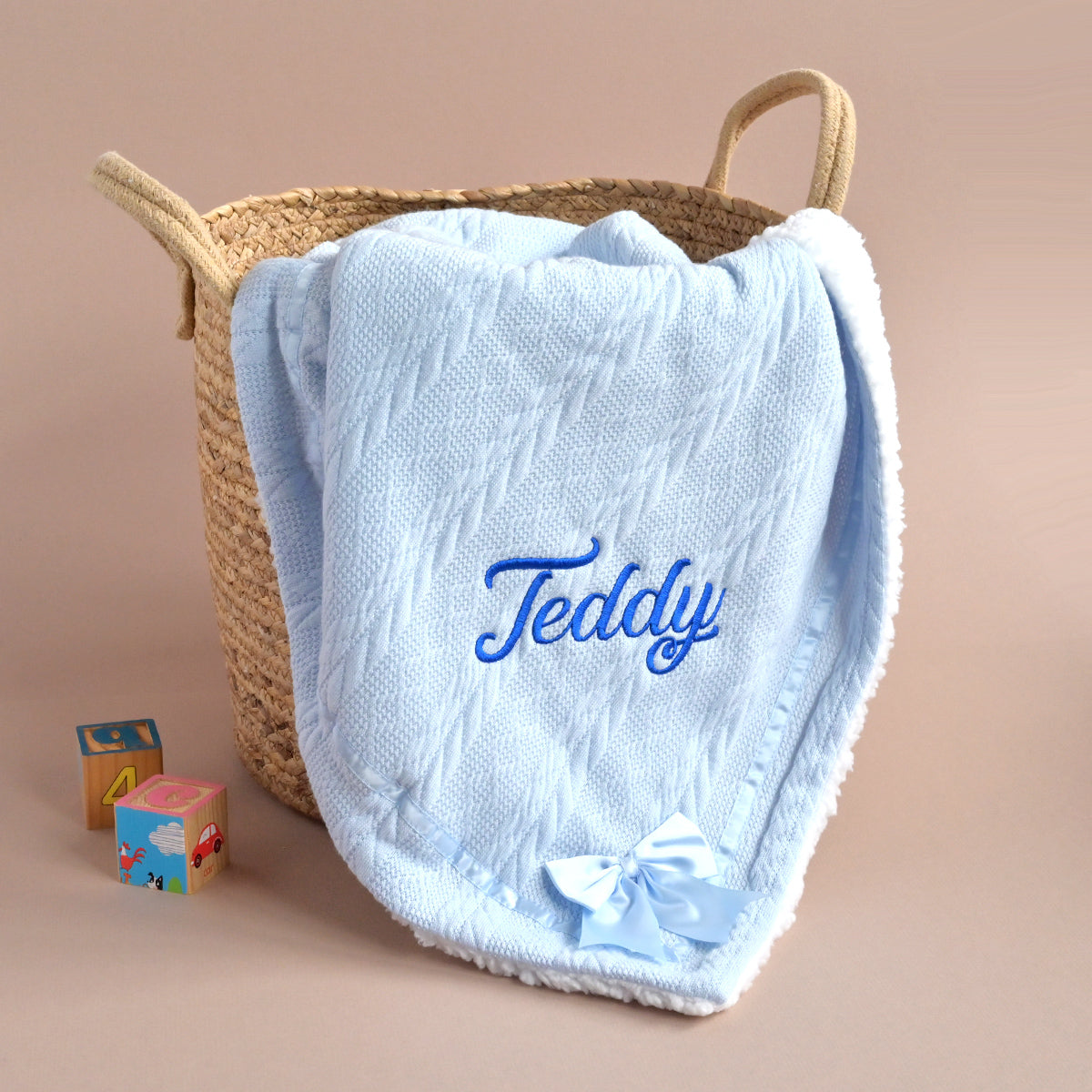 Embroidered Blue Knitted Blanket for Baby With Bow