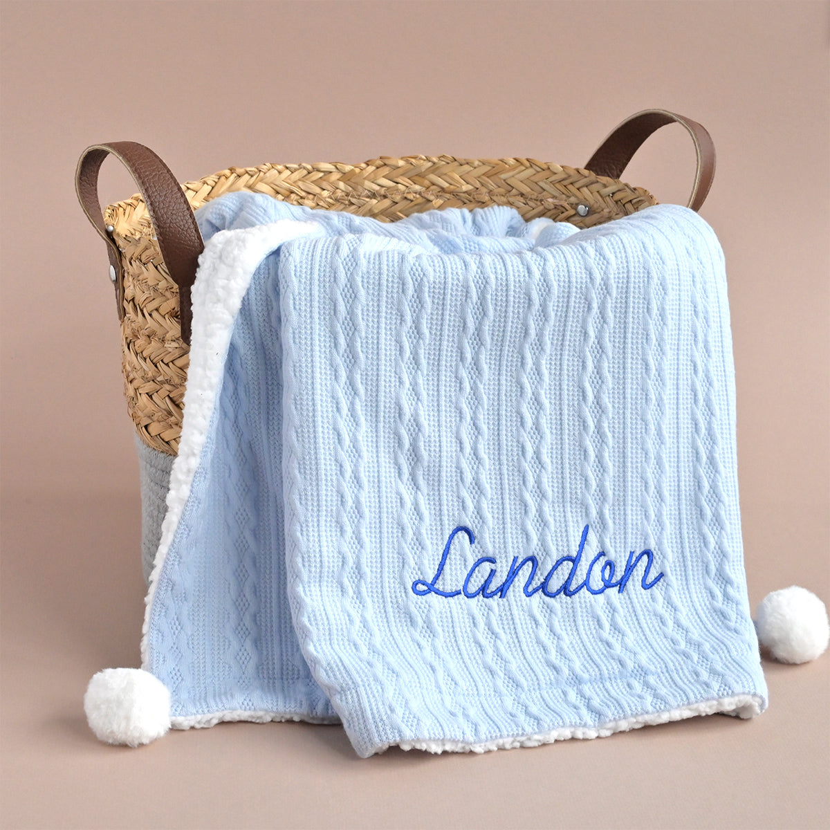 personalised knitted baby blue blanket
