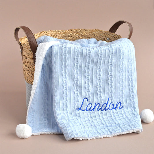 personalised knitted baby blue blanket