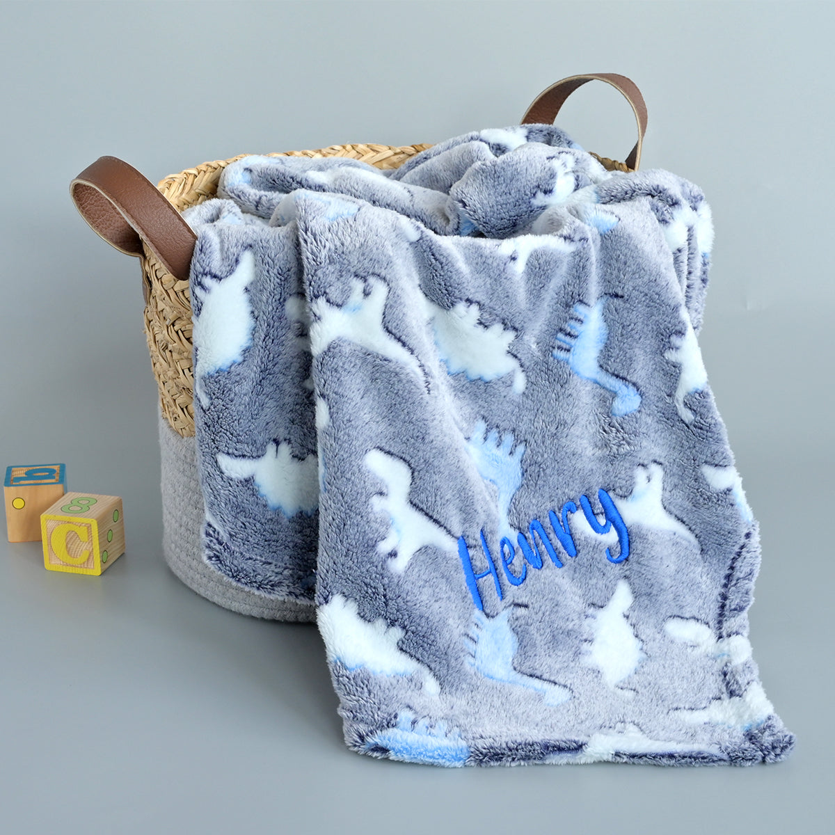 Personalised Blue Dinosaur Baby Blanket