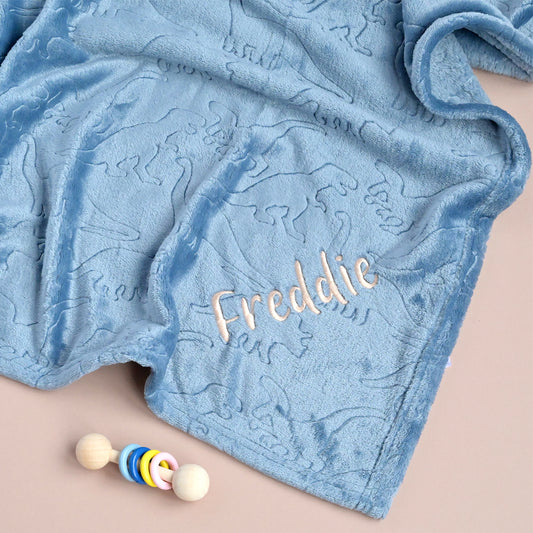 Personalised Dinosaur Embossed Blue Blanket
