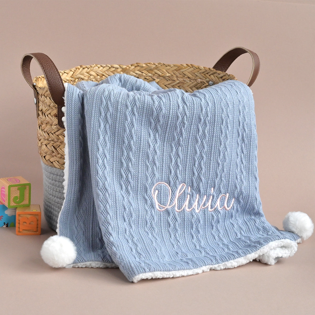 personalised blue knitted baby blanket