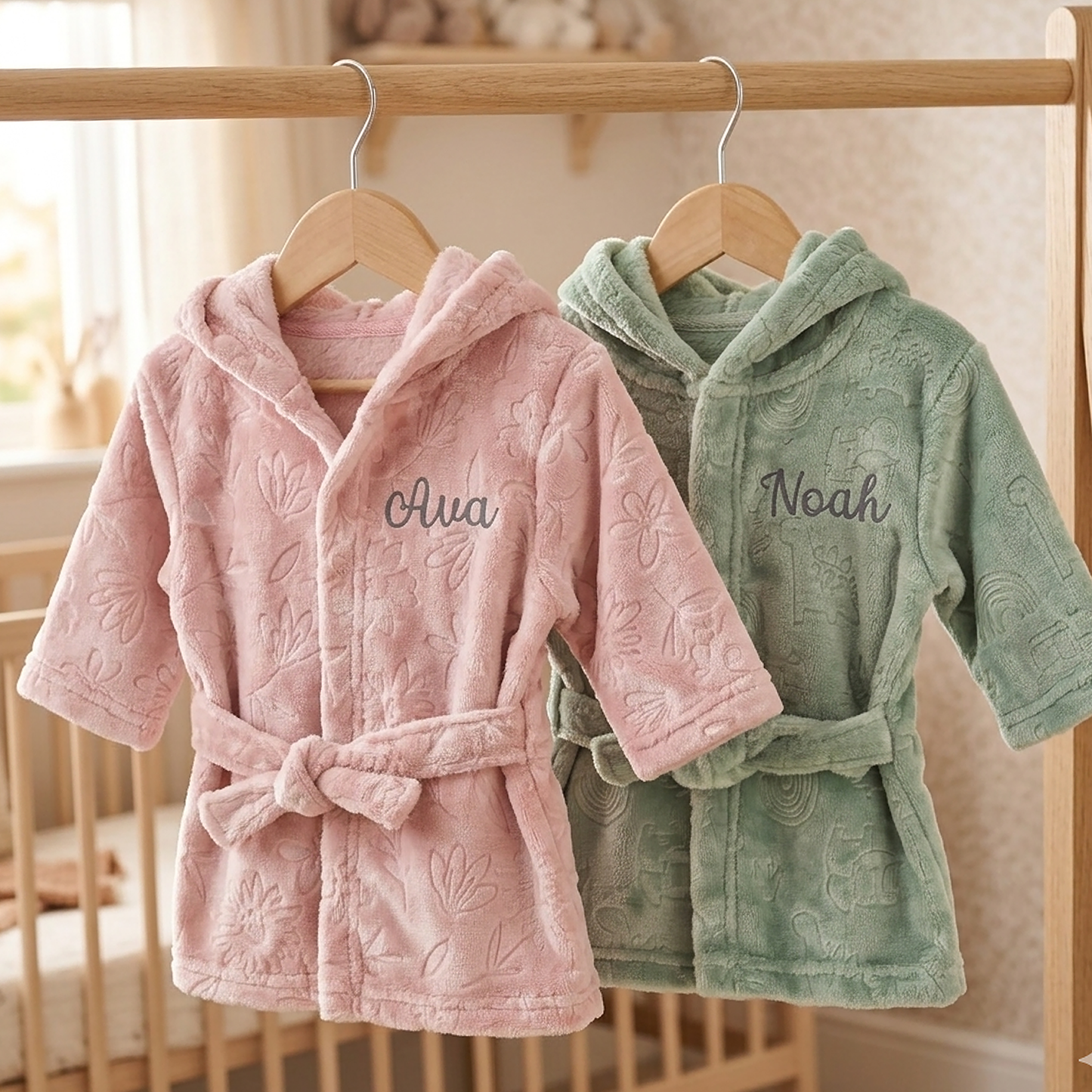 Two personalized plush hooded bathrobes hanging on wooden hangers from a wooden rack. The front robe is light pink with the name 'Olivia' embroidered on the chest, and the rear robe is sage green with the name 'Noah' embroidered on the chest.
