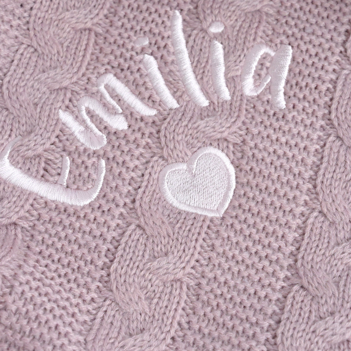 baby pink blanket wih embroidered name and heart