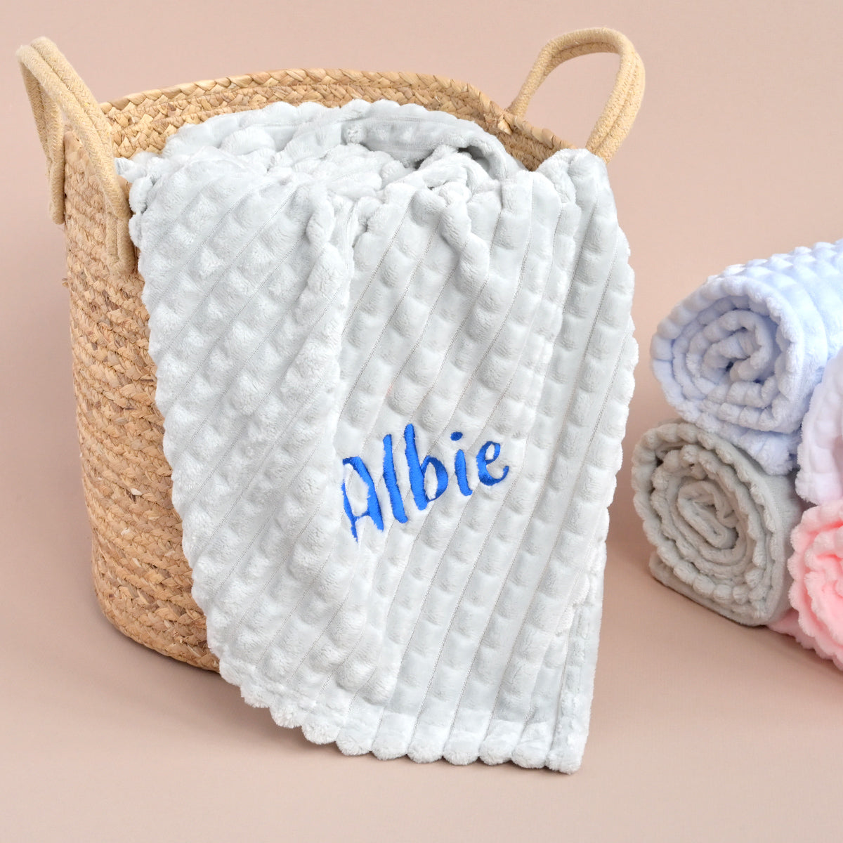 personalised embroidered grey embossed baby blanket