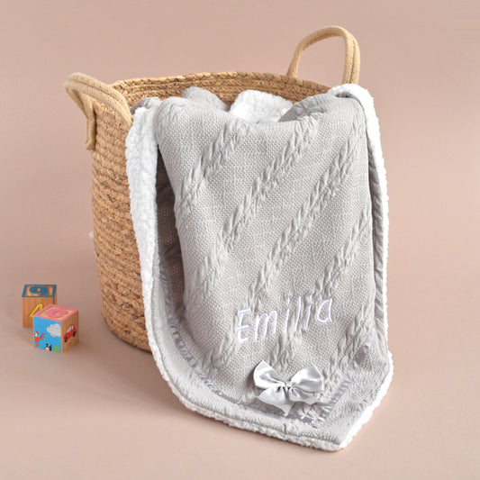 personalised grey knitted baby blanket