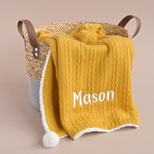 personalised knitted baby blanke mustard