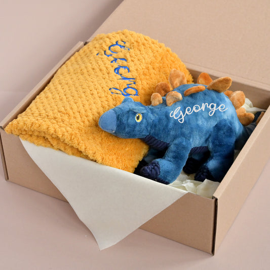 personalised dinosaur baby blanket set