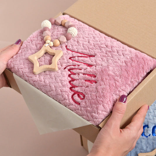 embroidered new baby pink blanket and teether set