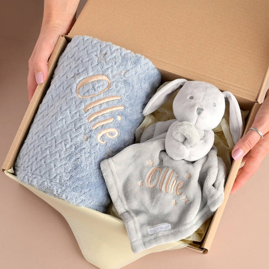 personalised new baby grey bunny gift set