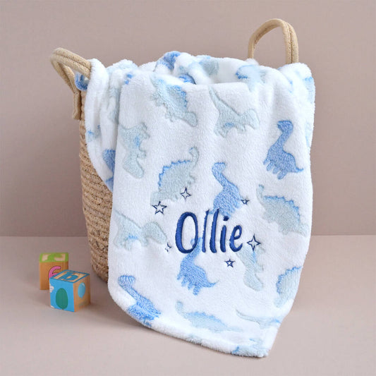 Personalised White Dinosaur Fleece Baby Blanket