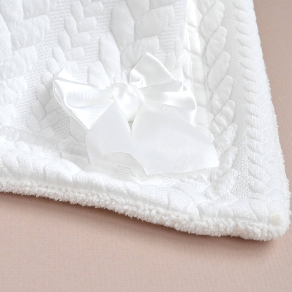 Personalised White Baby Cable Blanket With Bow