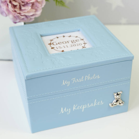 Personalised Baby Keepsake And Photo Box In Blue