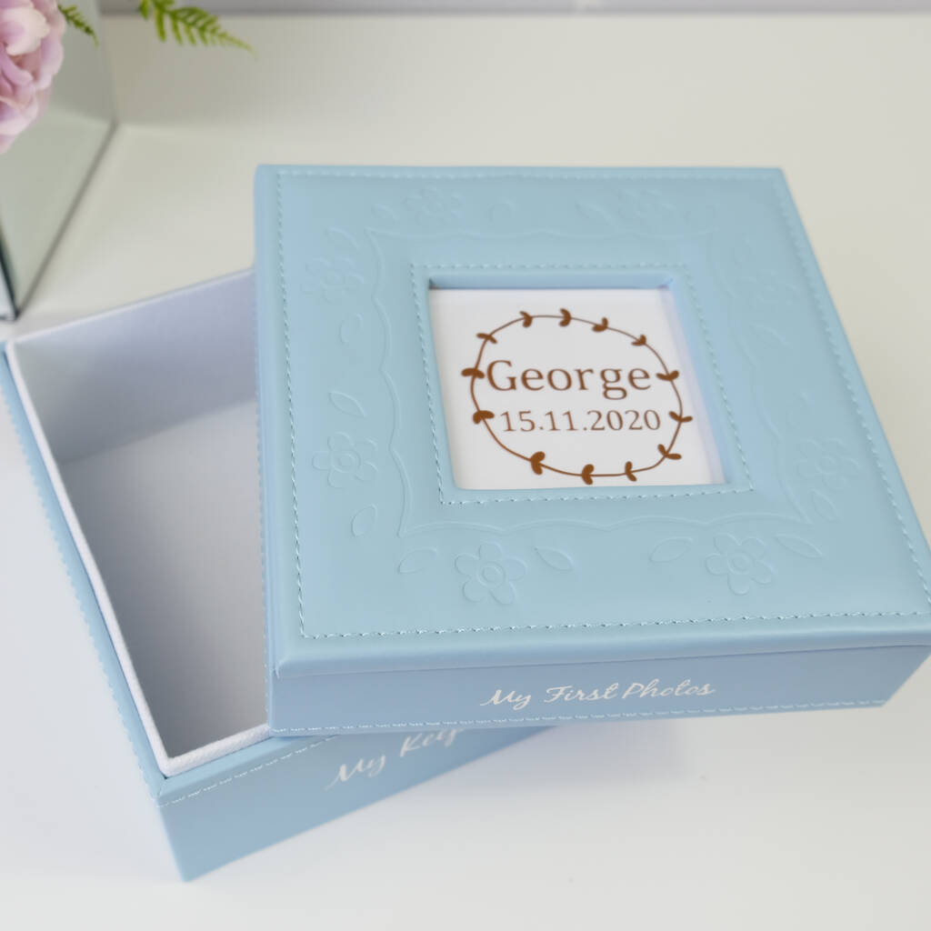 Personalised Baby Keepsake And Photo Box In Blue