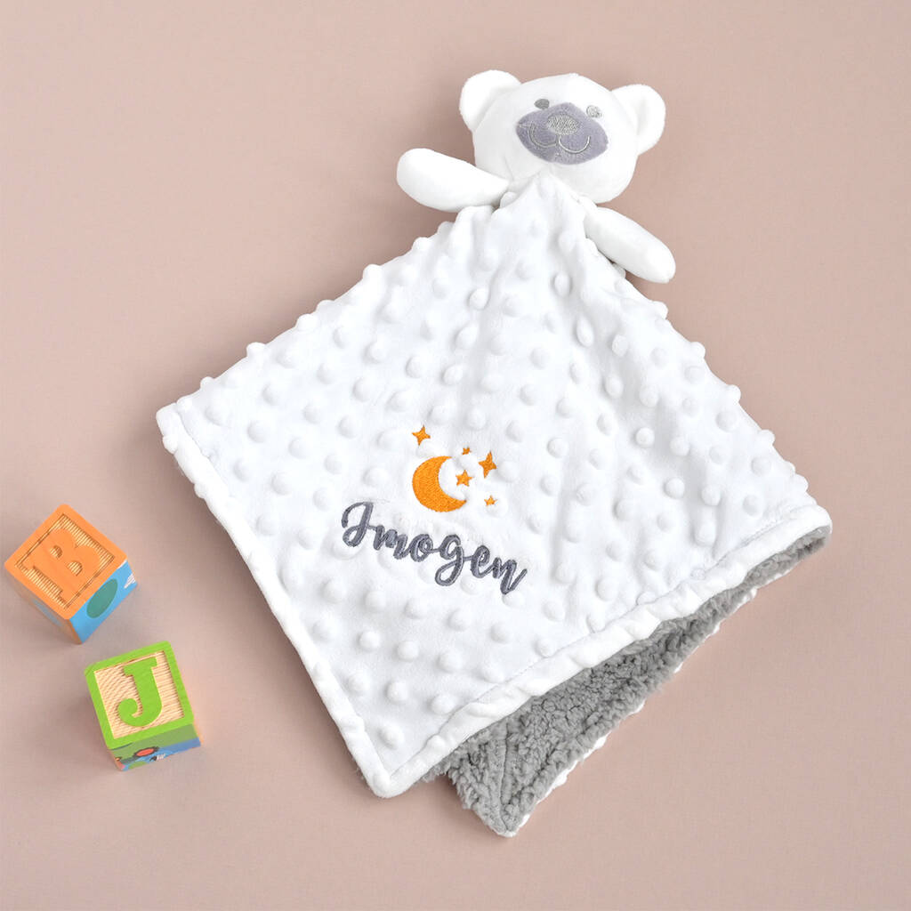 Personalised White Bubble Teddy Comforter, Moon Print