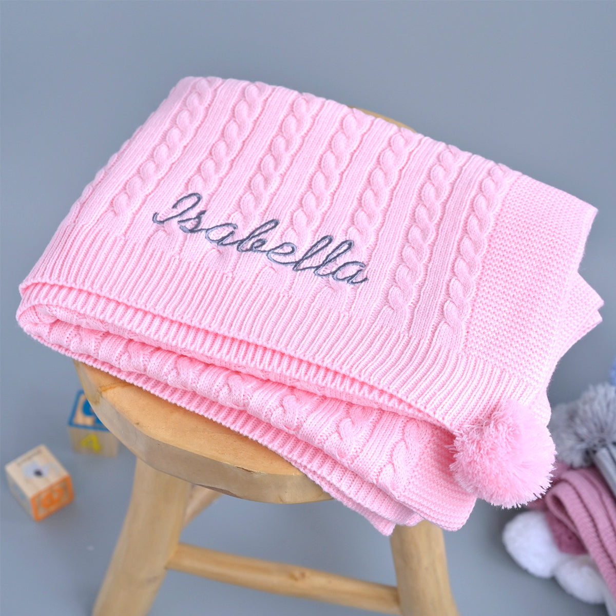 peronalised knitted pink baby blanket