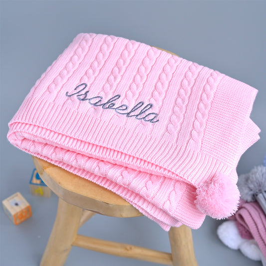 peronalised knitted pink baby blanket