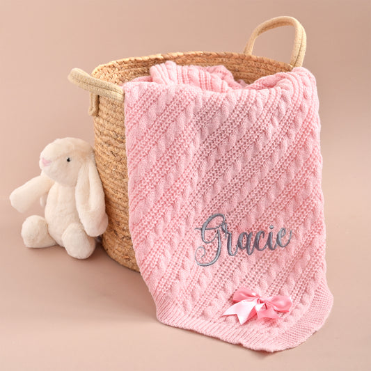 Personalised Light Knitted Pink Baby Blanket