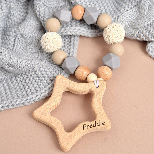 wooden start baby teether blue colour