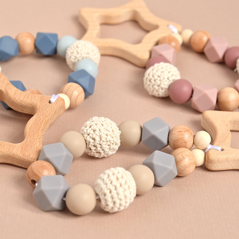 silicone and wooden bead baby teether