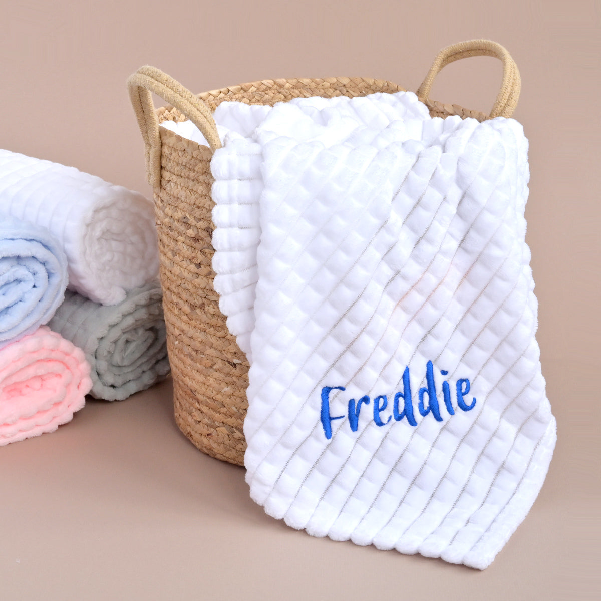 personalised embossed baby blanket white