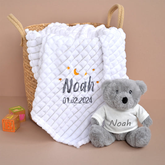 personalised white baby blabket with soft toy