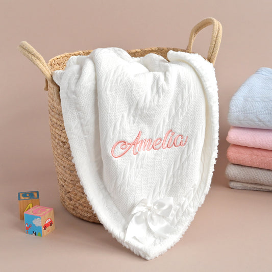 Personalised White Bow Knitted Blanket