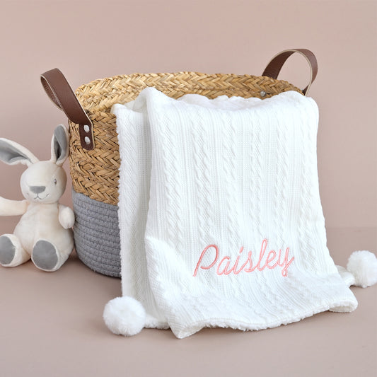 embroidered personalised knitted baby blanket