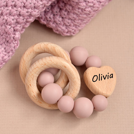Personalised Dusty Pink Heart Teether Ring