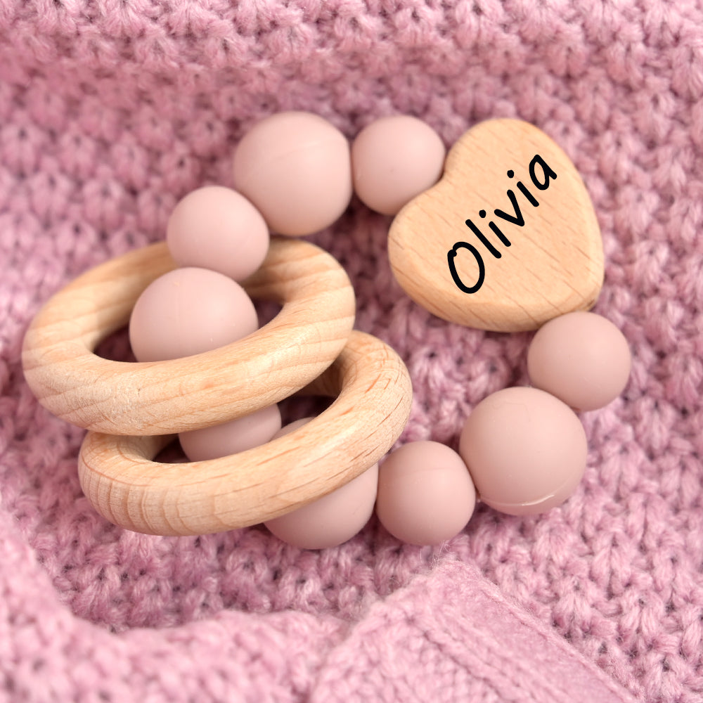 Personalised Dusty Pink Heart Teether Ring