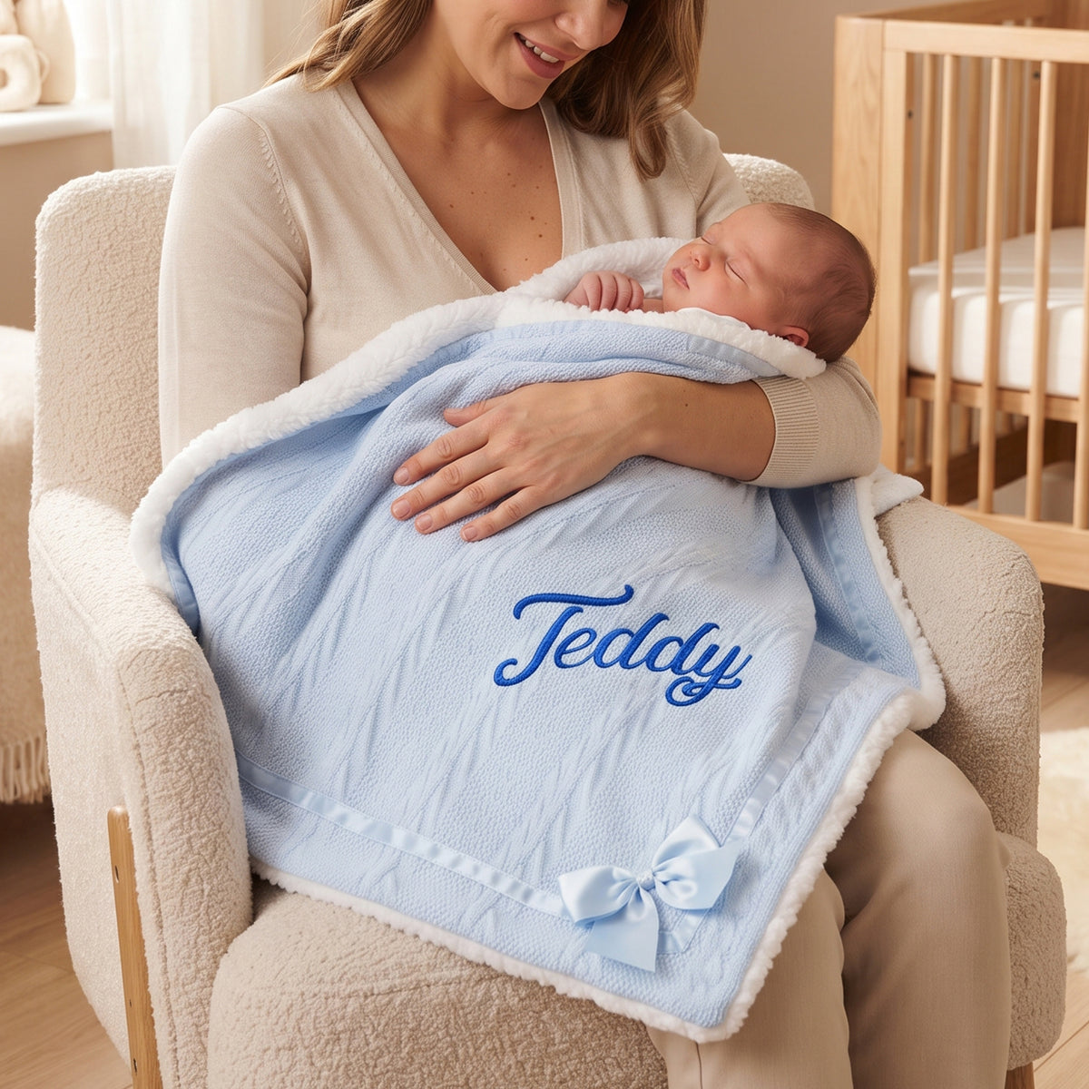 A mother in a cream-colored armchair holds a sleeping newborn baby wrapped in a personalized light blue blanket with white sherpa trim. The blanket features the name 'Teddy' embroidered in blue script and a matching blue bow at the corner.