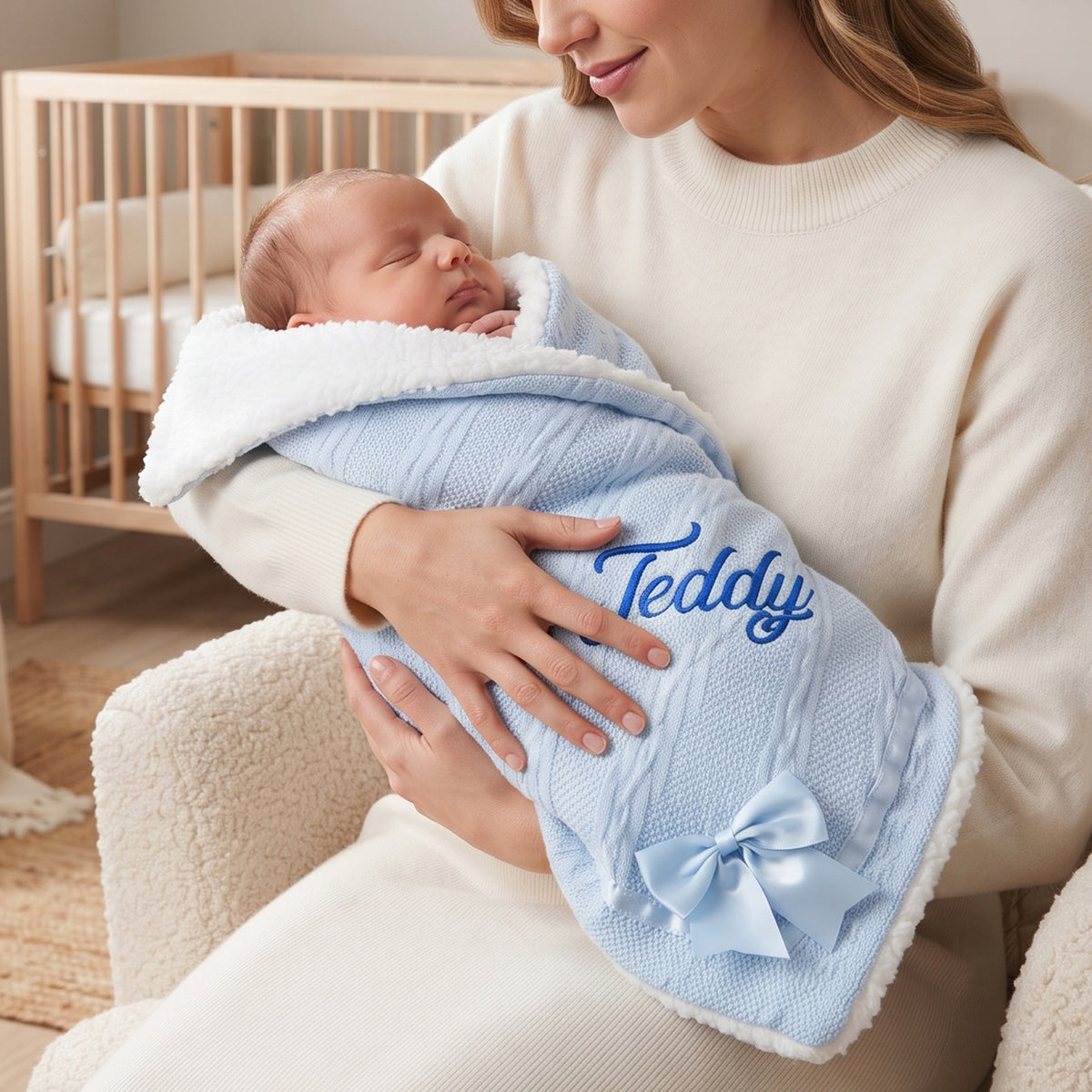 A sleeping newborn baby is swaddled in a light blue cable-knit blanket with white sherpa trim and a blue bow, held by a woman in a cream sweater. The blanket is personalized with the name 'Teddy' in blue script.