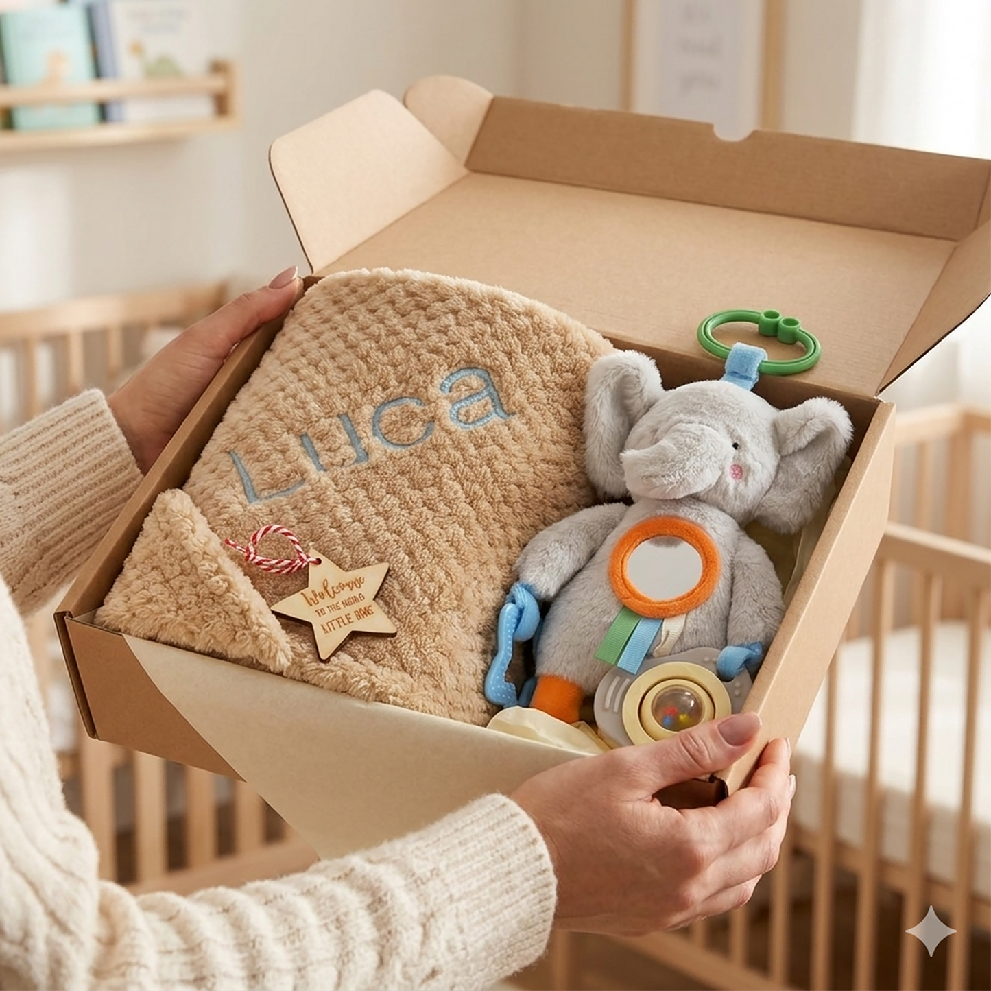 A person holds an open cardboard gift box containing a personalized baby gift set, including a beige knit blanket with the name 'Luca' in blue, a gray plush elephant toy, and small baby accessories, in a softly lit nursery setting.