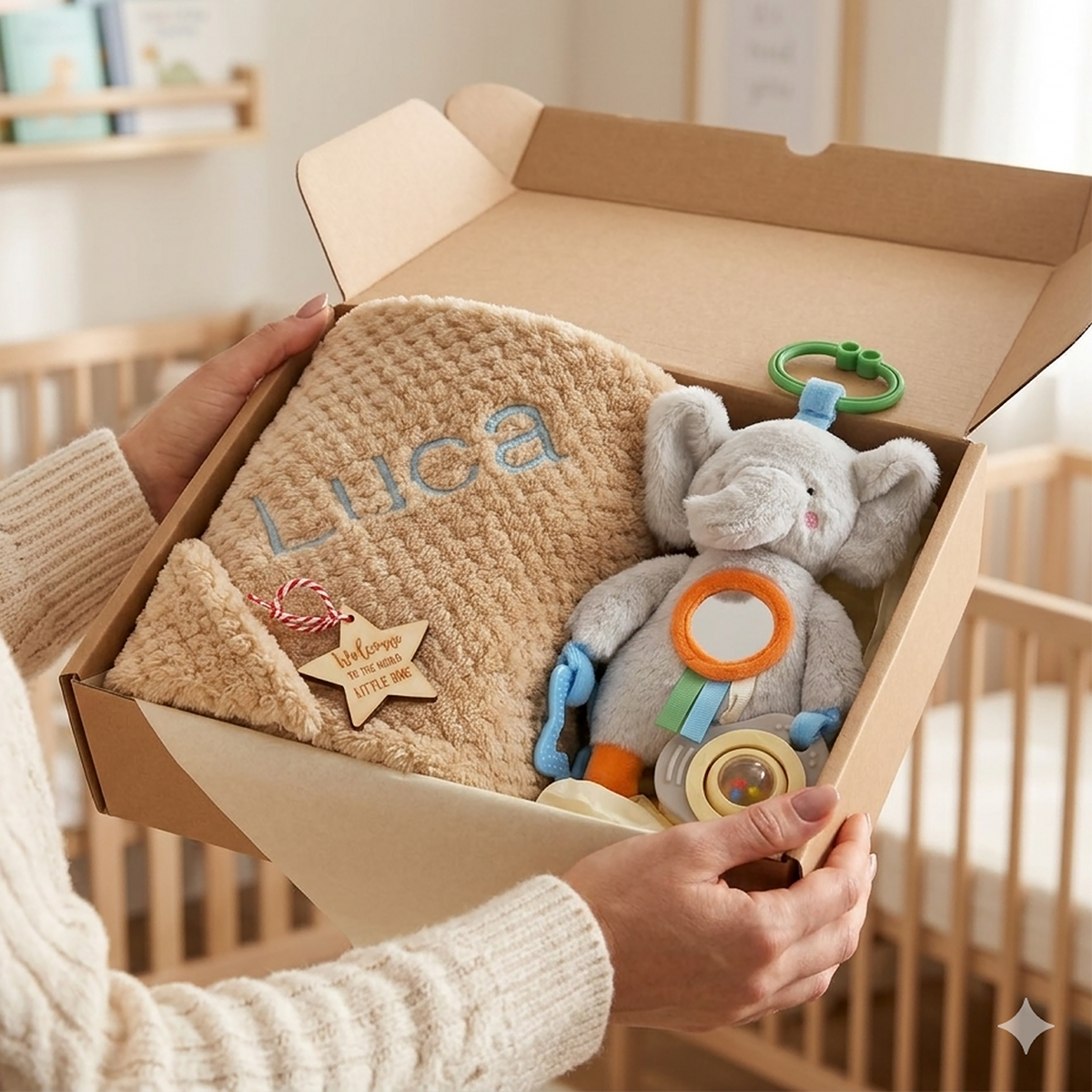 A person holds an open cardboard gift box containing a personalized baby gift set, including a beige knit blanket with the name 'Luca' in blue, a gray plush elephant toy, and small baby accessories, in a softly lit nursery setting.