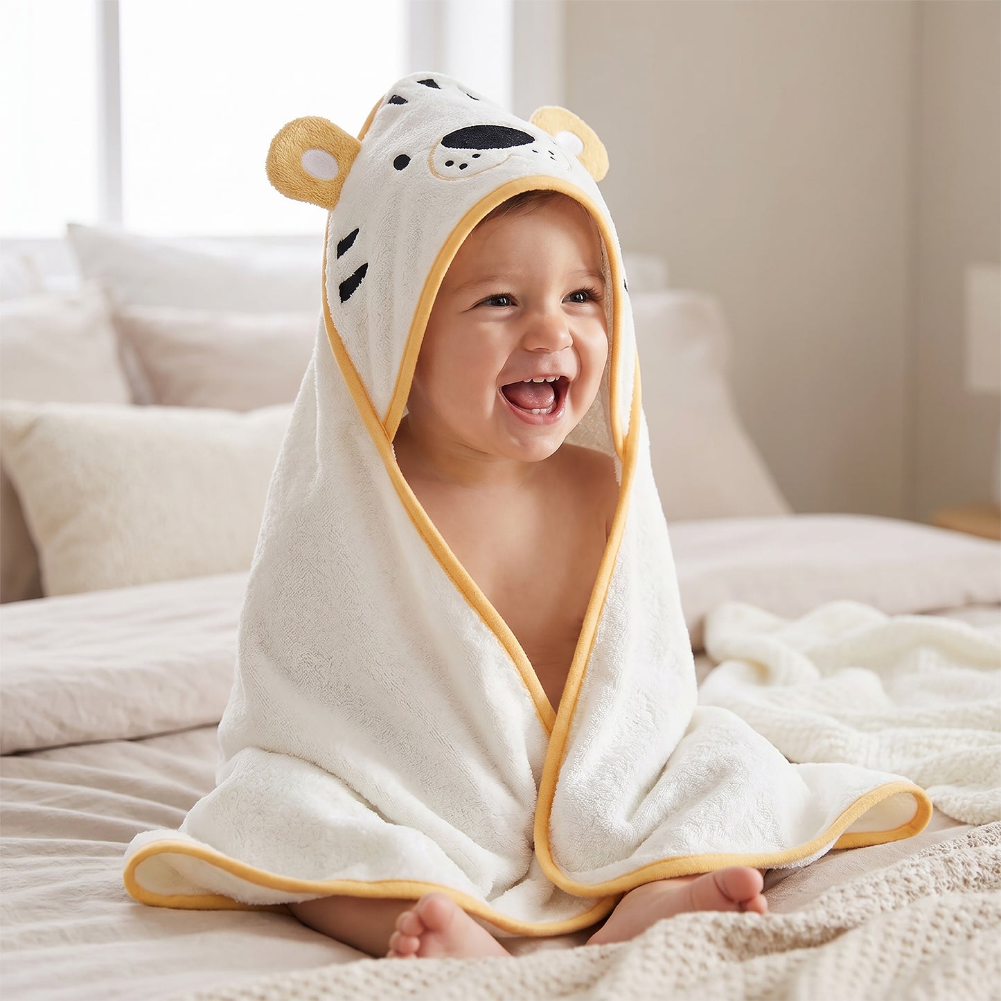 Cream hooded baby towel shaped like a tiger cub face with mustard yellow ears, worn by a laughing baby sitting on a bed.
