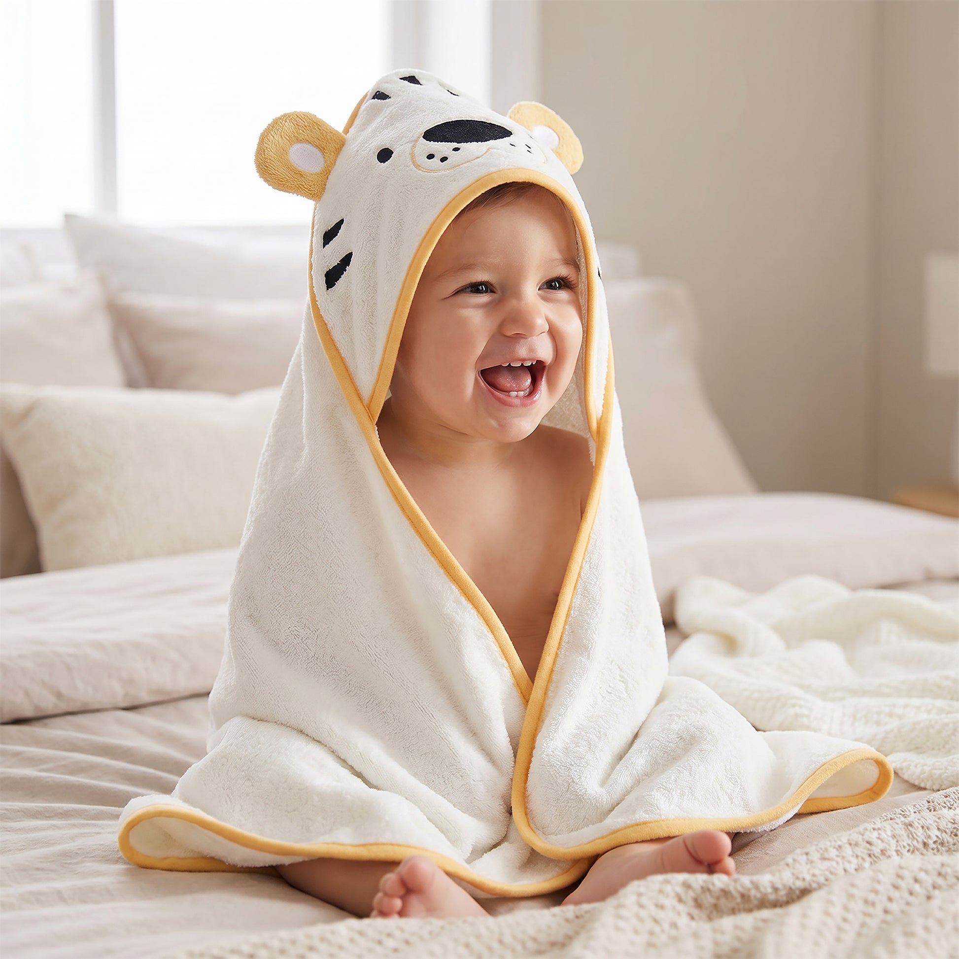 Cream hooded baby towel shaped like a tiger cub face with mustard yellow ears, worn by a laughing baby sitting on a bed.