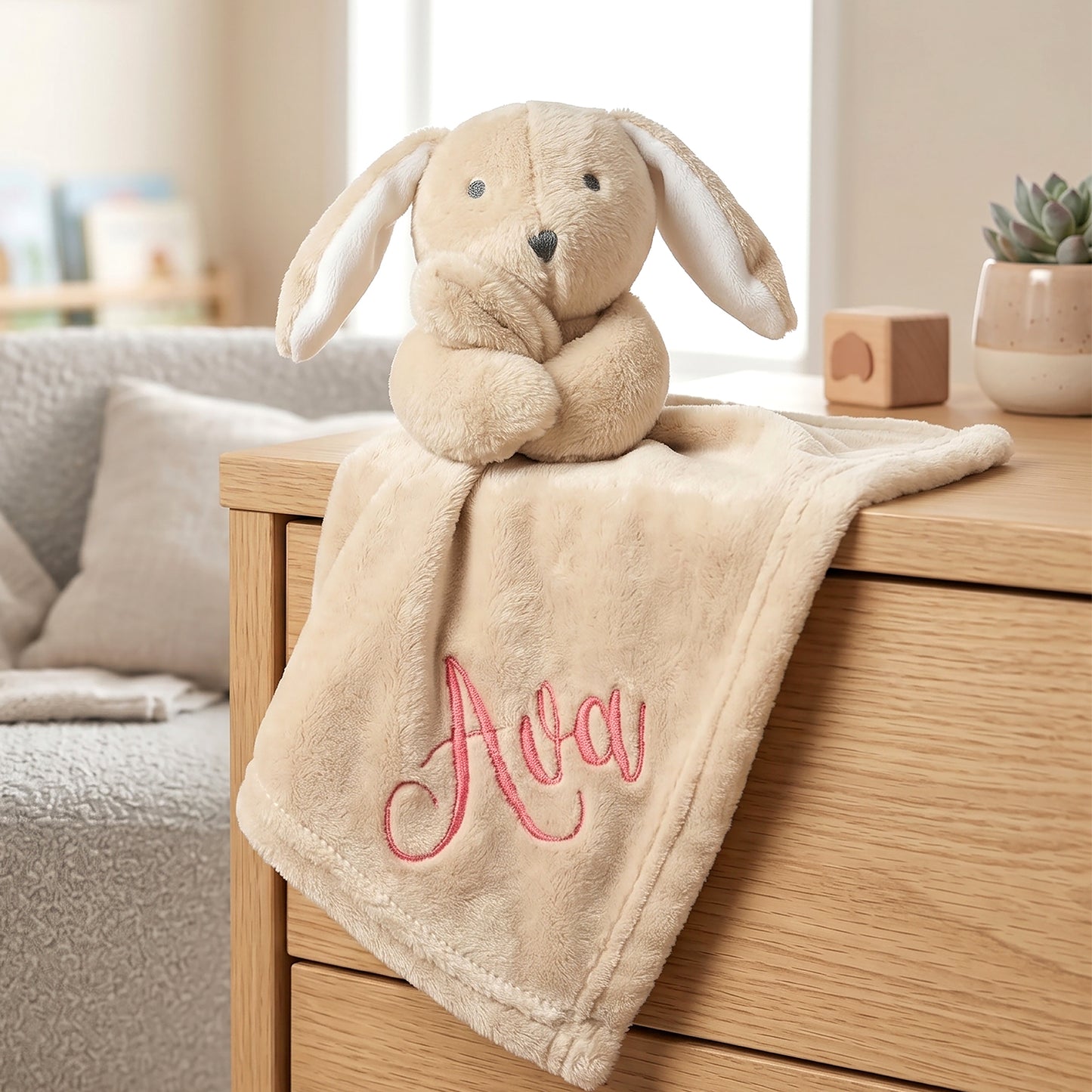 A beige plush bunny comforter with long floppy ears sits on a wooden dresser in a softly lit nursery. A matching beige blanket is draped over the front of the dresser, personalized with pink embroidered script reading 'Ava'.