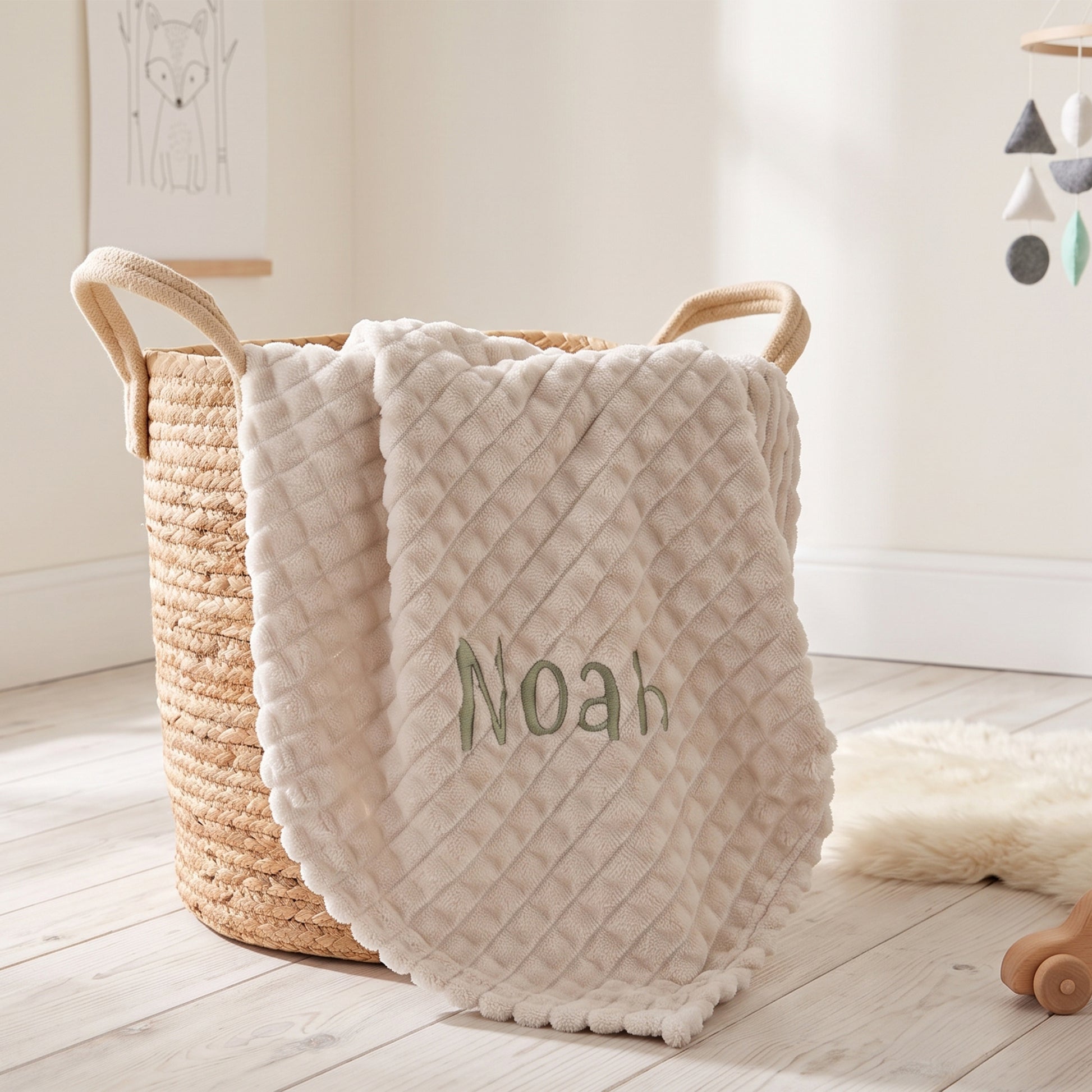 Ribbed fleece baby blanket personalised with the name Noah, folded in a wicker basket in a nursery.