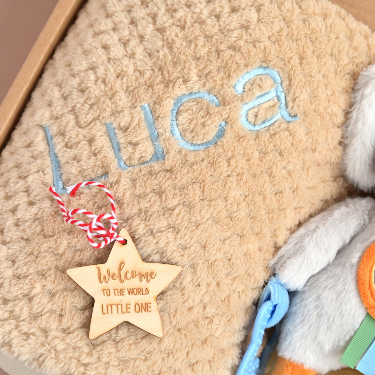 Close-up of a beige plush baby blanket or cushion with the name 'Luca' embroidered in light blue, plus a wooden star charm reading 'Welcome to the world little one' tied with red-and-white string. Part of a gray plush toy is visible at the right edge.