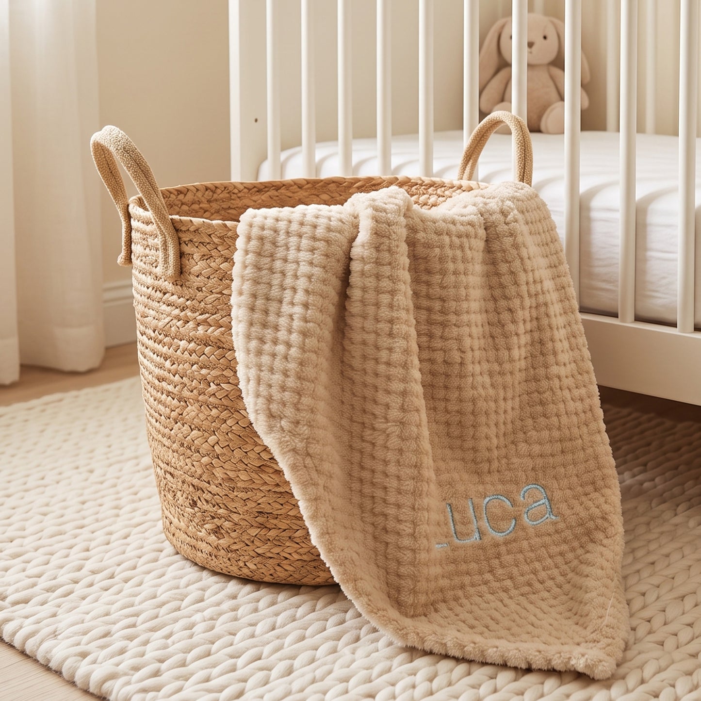 A natural woven seagrass baby laundry basket with two handles, styled in a nursery with a beige textured blanket draped over the side. The blanket is personalized with the name 'Luka' in light blue embroidery.