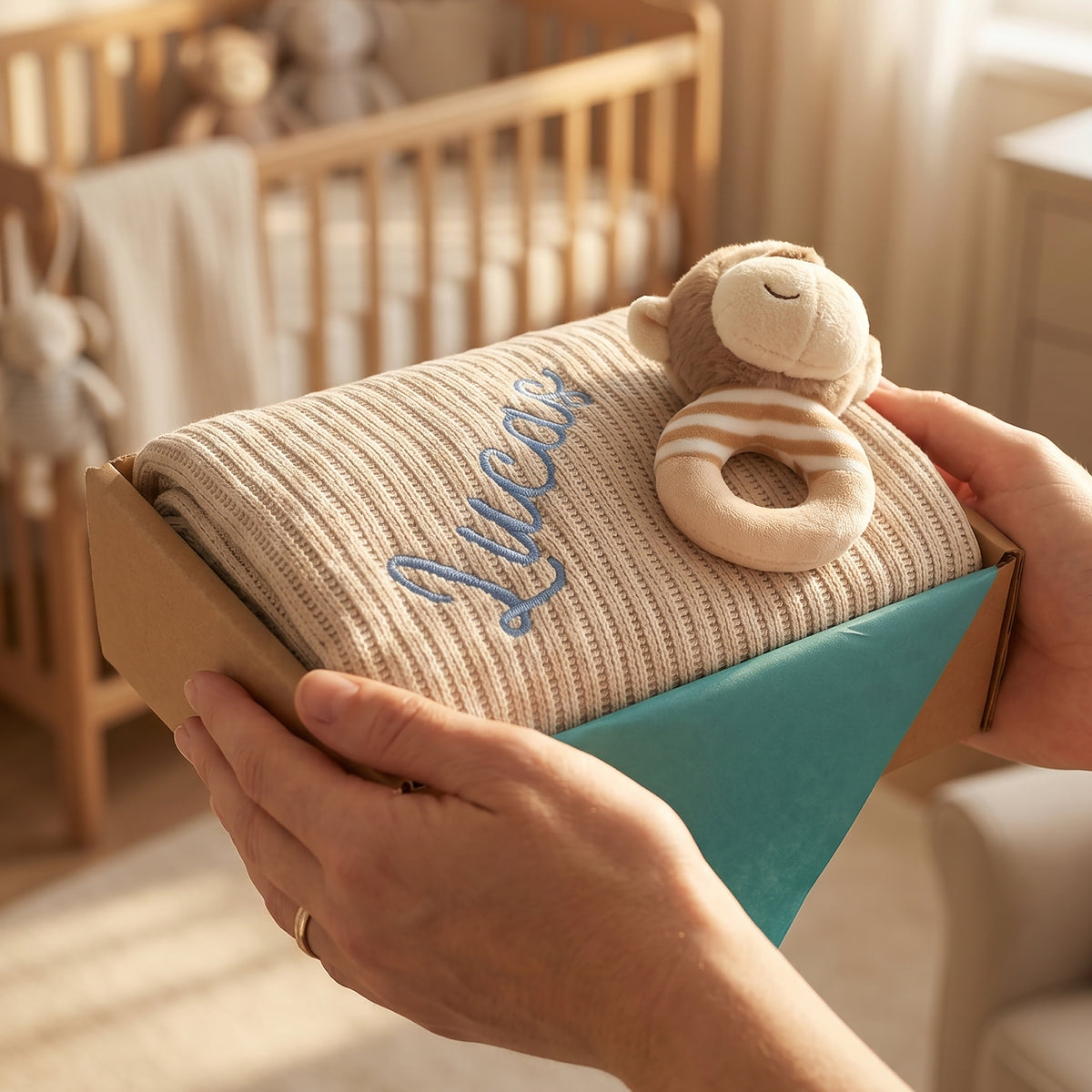 A person holds a gift box containing a beige striped knit blanket with blue embroidered text, a plush monkey toy, and a teal tissue, set against a softly blurred nursery background.