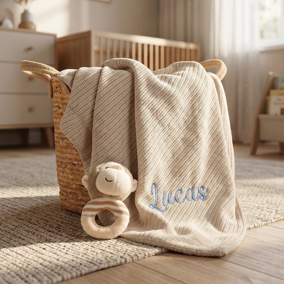 A beige textured baby blanket with the name 'Lucas' embroidered in blue, draped over a woven basket in a softly lit nursery. A plush monkey teether rests at the front of the basket.