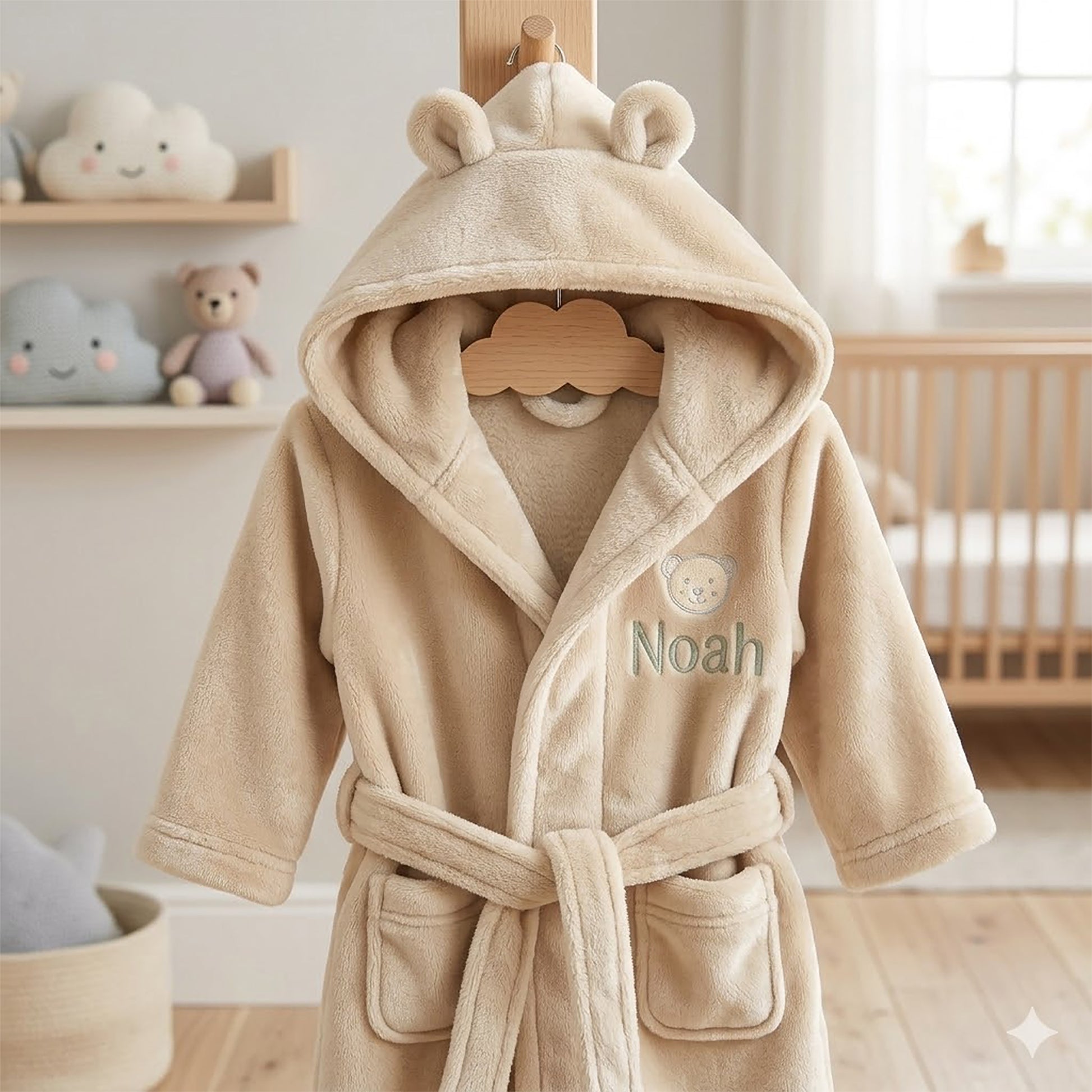 A beige plush hooded baby robe with bear ears on the hood, a tie belt, and front pockets, hanging on a wooden hanger. The robe is personalized with the name 'Noah' and a bear face graphic on the chest.