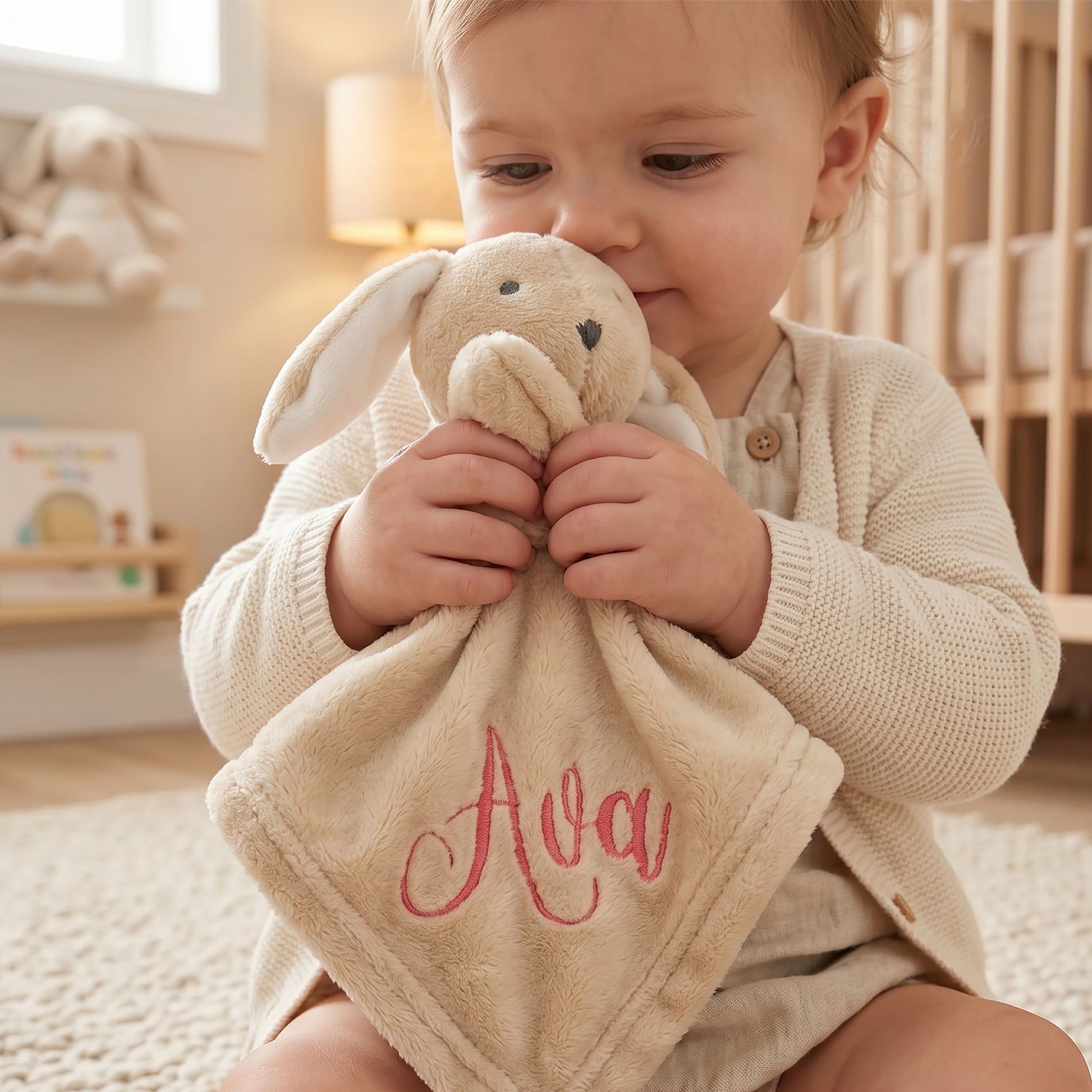 A baby in a cream knit cardigan holds a plush bunny comforter with the name 'Ava' embroidered in pink on a soft beige blanket in a warm, softly lit nursery.
