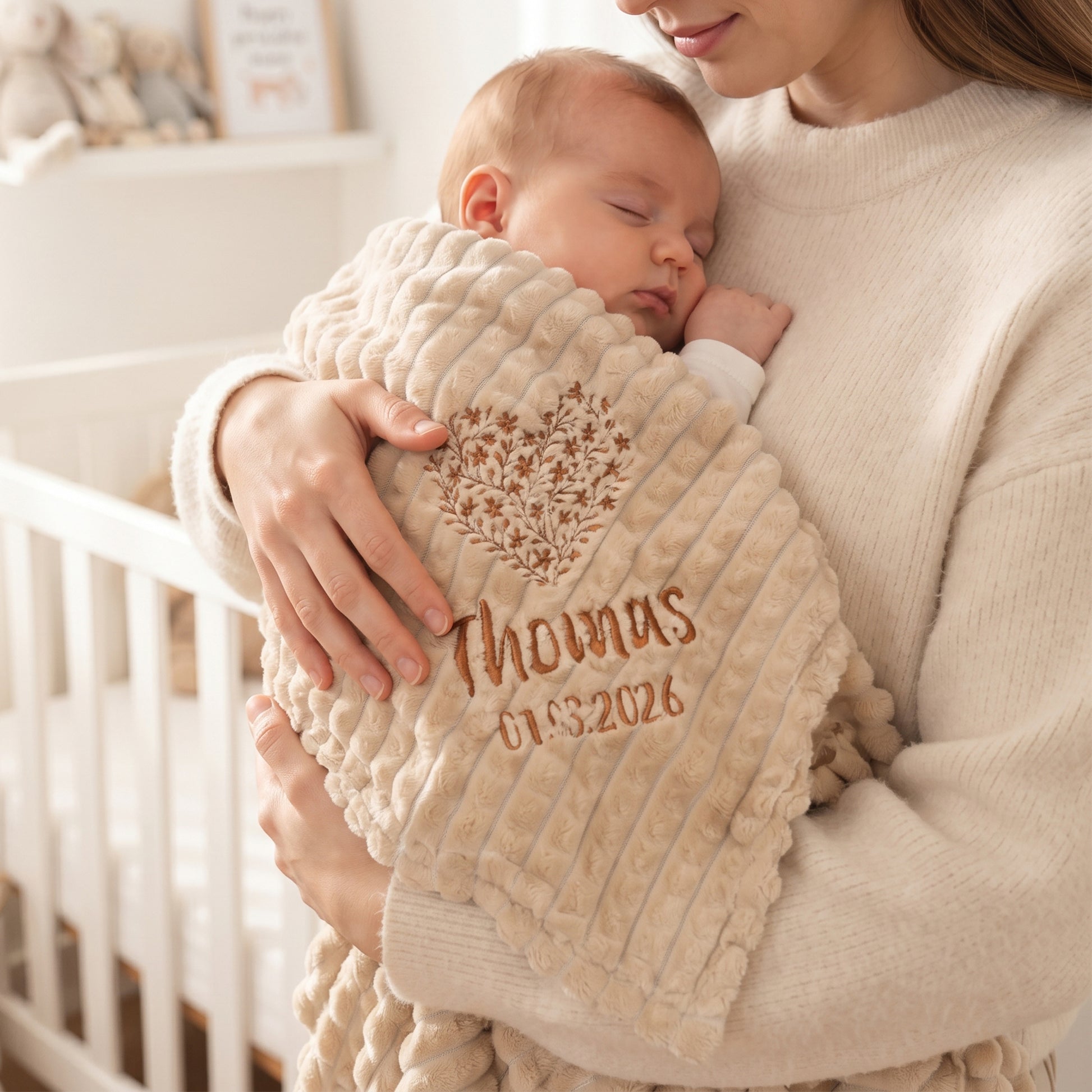 Coffee embossed fleece baby blanket with an embroidered floral heart above the name Thomas and the date 01.06.2026, held by a baby's carer.