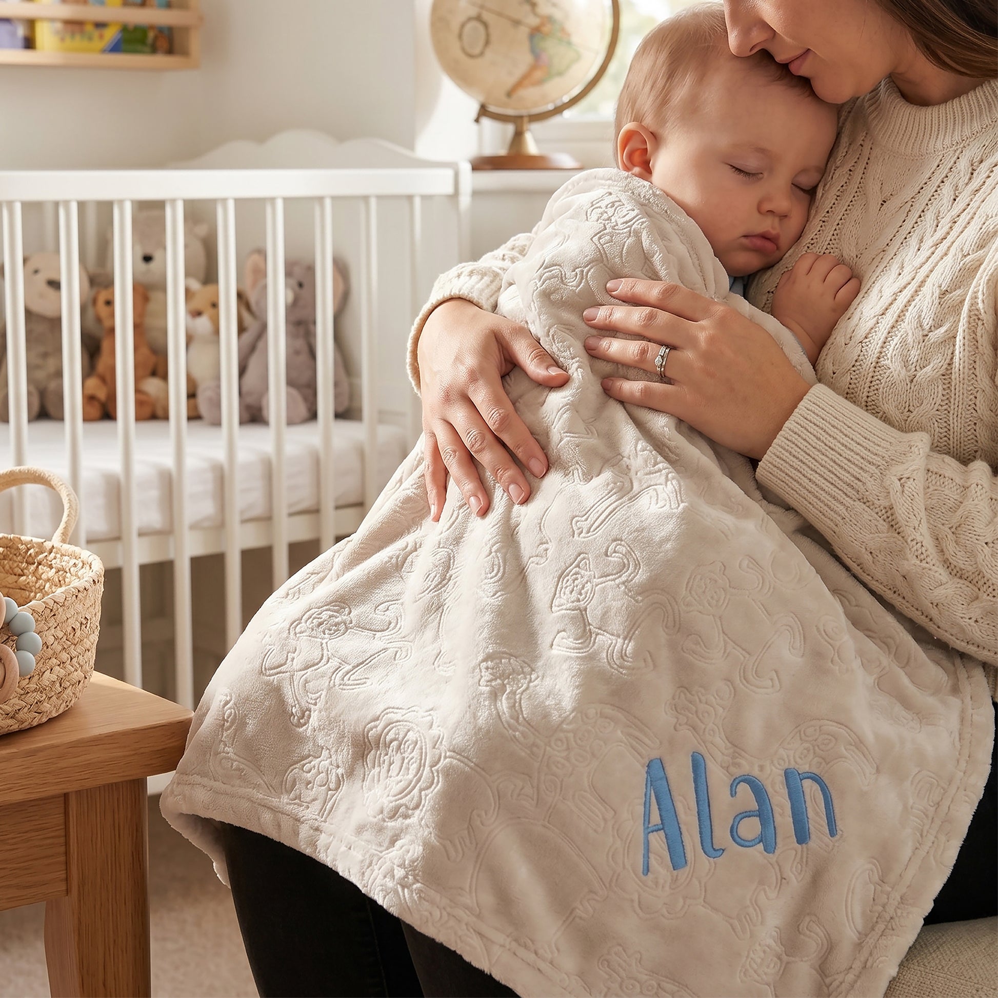 A mother holds her sleeping baby wrapped in a cream-colored textured blanket with the name 'Alan' embroidered in blue on the corner. The scene is set in a softly lit nursery with a white crib and wooden furniture in the background.