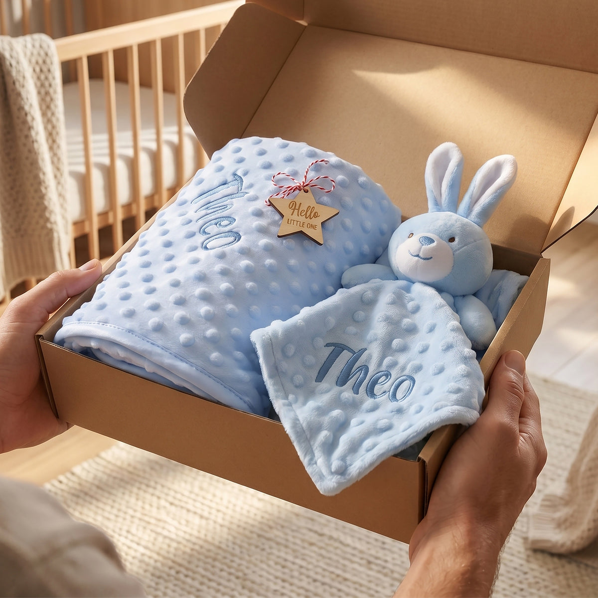 A baby gift set in a brown cardboard box held by hands, featuring a light blue minky dot blanket with the name 'Theo' embroidered on it, a matching blue bunny plush toy, and a small star-shaped 'Hello little one' tag.