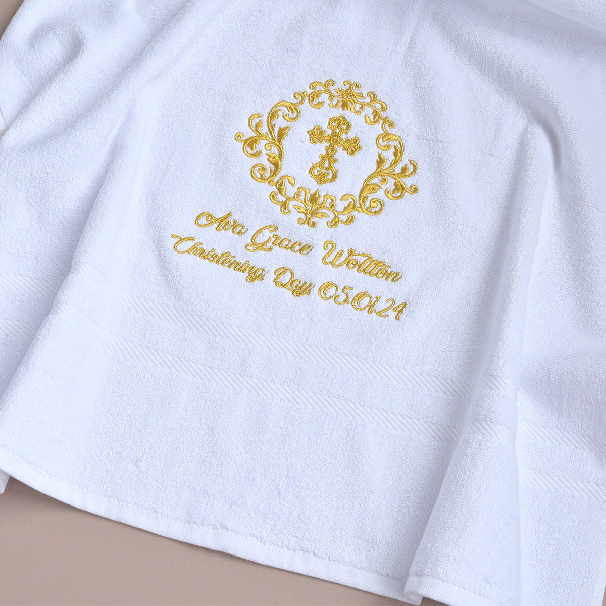 Personalised Christening Bath Towel – Gold Wreath & Cross